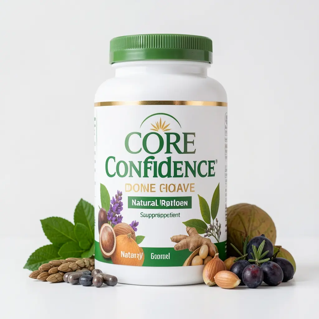 Core Confidence dietary supplement bottle with natural ingredients on a clean background